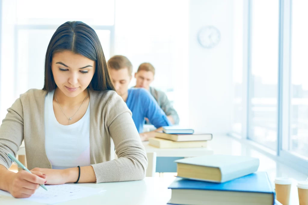 row students doing exam