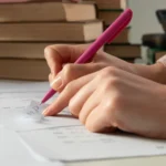 Persoană scriind cu stilou roz pe hârtie